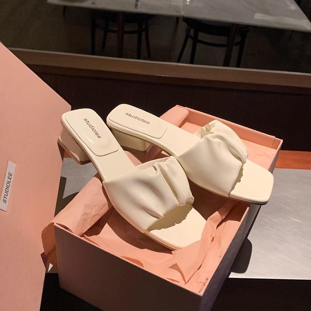 Sheepskin Version~ Pleated Design Sense One Word with Square Head Thick Heel Leather Cool Slippers Female Summer