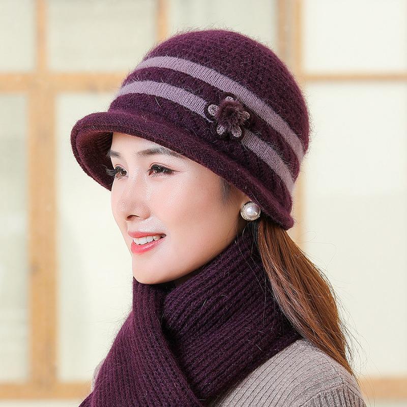 Шапка для пожилой матери среднего возраста с осенне-зимним темпераментом, модная простая шапка из меха кролика с толстым бархатным шарфом в комплекте