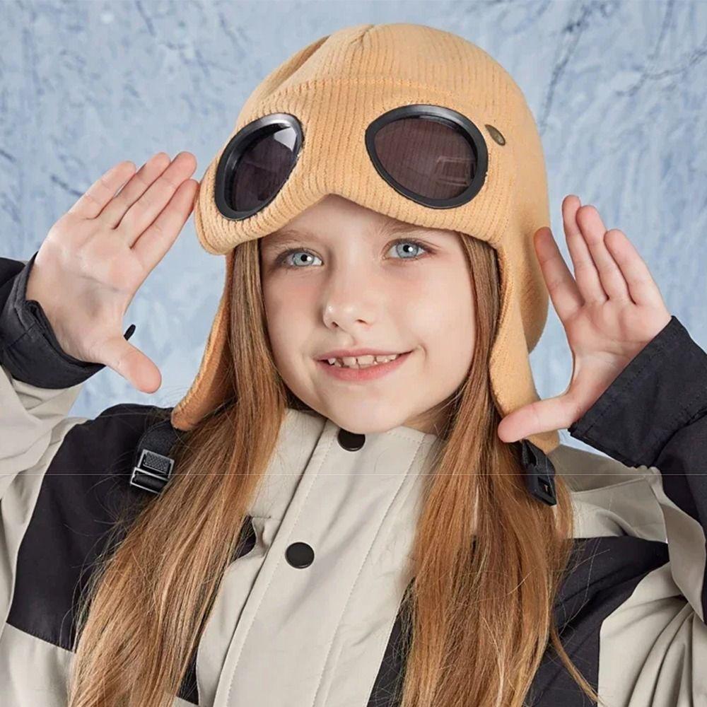 Neck Protection Warm Cap With Goggles Buckle Windproof Head Cover Kids Knitted Beanies Outdoor