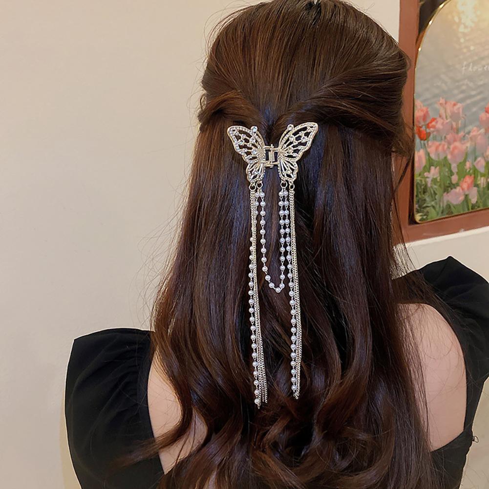 Rhinestone Butterfly Pearl Fringe Hairpin Fashionable Temperamental Hair Claw Clip Headwear Hair Accessory for Women
