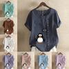 Women's Fashion Round Neck Short Sleeve T-shirt Casual Cotton Linen Graphic Shirt Leisure Loose Penguin Prined Summer Blouse Tops