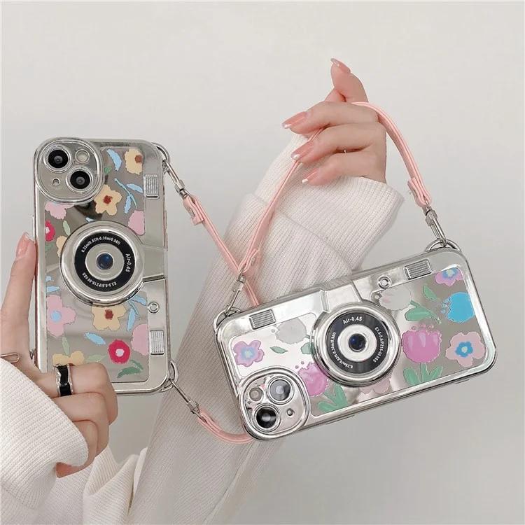 Для iPhone 14 Plus чехол с гальваническим покрытием, цветочный узор, дизайн камеры, чехол для телефона из ТПУ с ремешком-тоут - розовый цветок