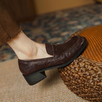 Модные женские туфли-лодочки на высоком каблуке, ретро, с круглым носком, из натуральной кожи, весна-лето 2024, лаконичные повседневные рабочие туфли, женские лоферы, новая обувь