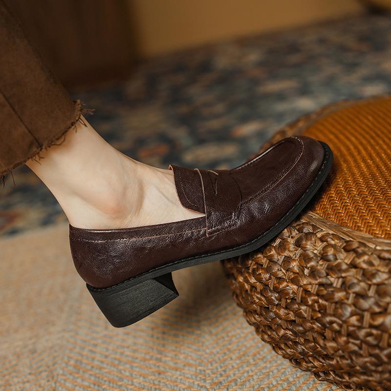 Fashion High Heels Women Pumps Retro Round Toe Genuine Leather 2024 Spring Summer Concise Casual Working Shoes Woman Loafers New Shoes