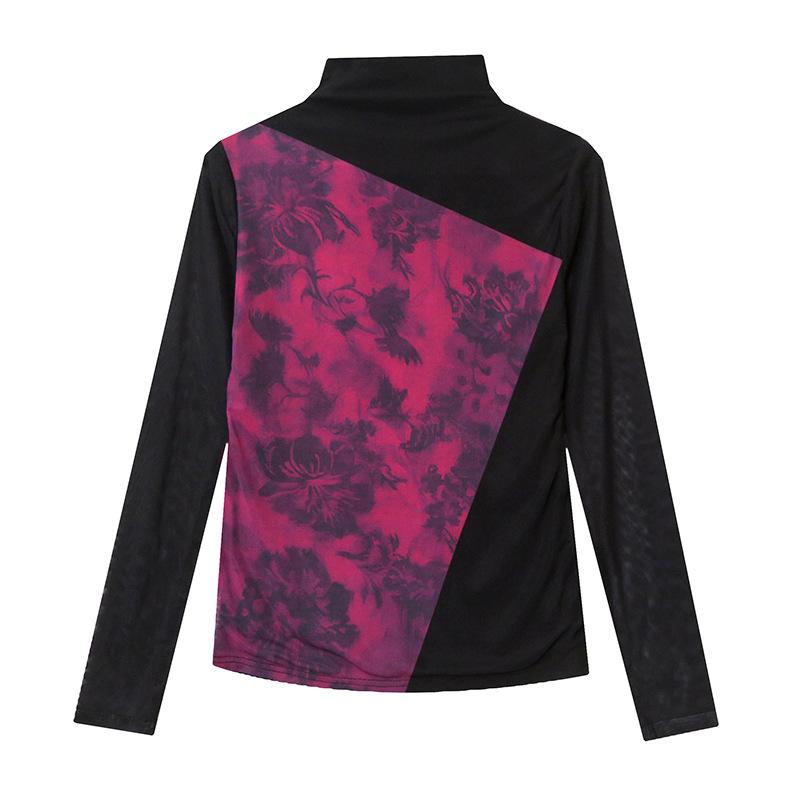 Футболка в корейском стиле с принтом для женщин, с длинными рукавами, зимняя, новая, с полувысоким воротом, сетчатая рубашка, облегающая