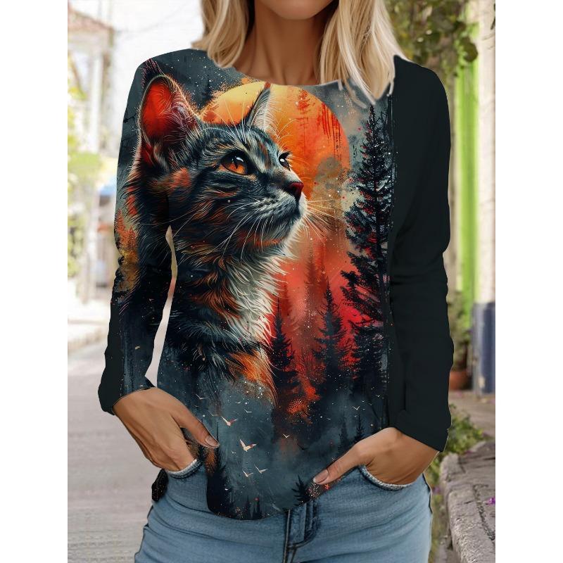 Рождественский женский круглый вырез с длинным рукавом и принтом котенка, длинный рукав, праздничный свитер с 3D-принтом, длинный рукав, весна и осень