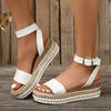 Spring Hemp Rope Wedge Heel Sandals Women's Large Size Muffin Thick-soled Rivets One-word Buckle Sandals