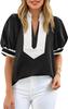 Womens Color Block V Neck Blouse Puff Lantern Sleeve Loose Dressy Casual Summer Top