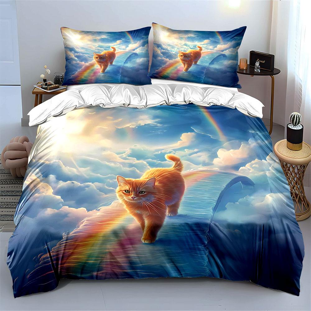 "Cat Rainbow Bridge Set Decoration" Bedding Set with 1 Duvet Cover 2 Pillowcases Single Double King Queen, Gift