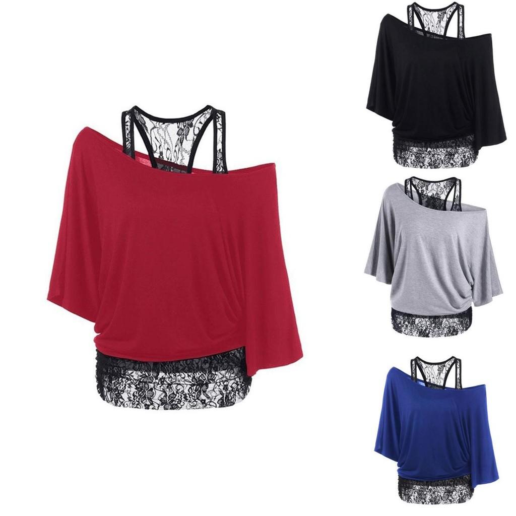 Size Women Plus Loose Vest Lace Stitching Oblique Collar Bat Tshirt Fashion