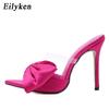 Eilyken Summer Silk Butterfly-knot Mule High Heels Slippers Sandals Flip Flops Pointed Toe Strappy Slides Party Women Slippers Shoes