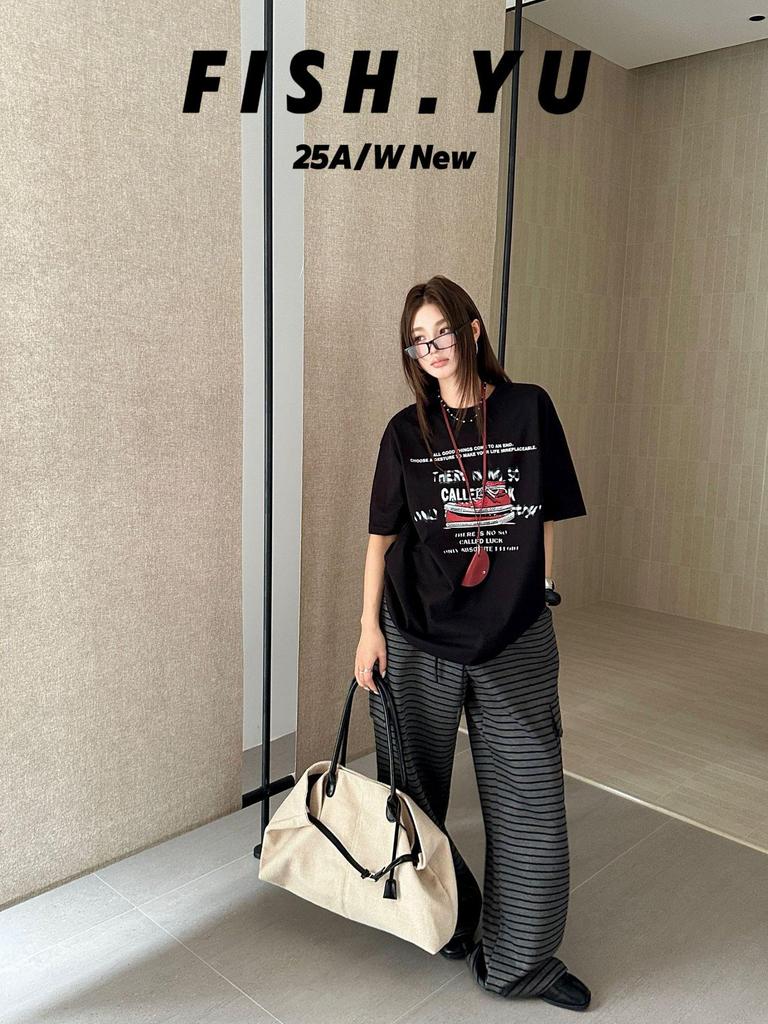 FISHYU Shisanhang Retro High-Top Canvas Shoes & Letter Print Short-Sleeve Women's T-Shirt (Early Autumn)