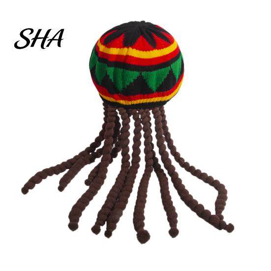 Adult Size Beret Stretch Bottom Wig Hat, Non-Pressurizing Soft Knitted Elastic Reggae Style Rainbow Color Foldable Hat for Festivals Halloween Parties