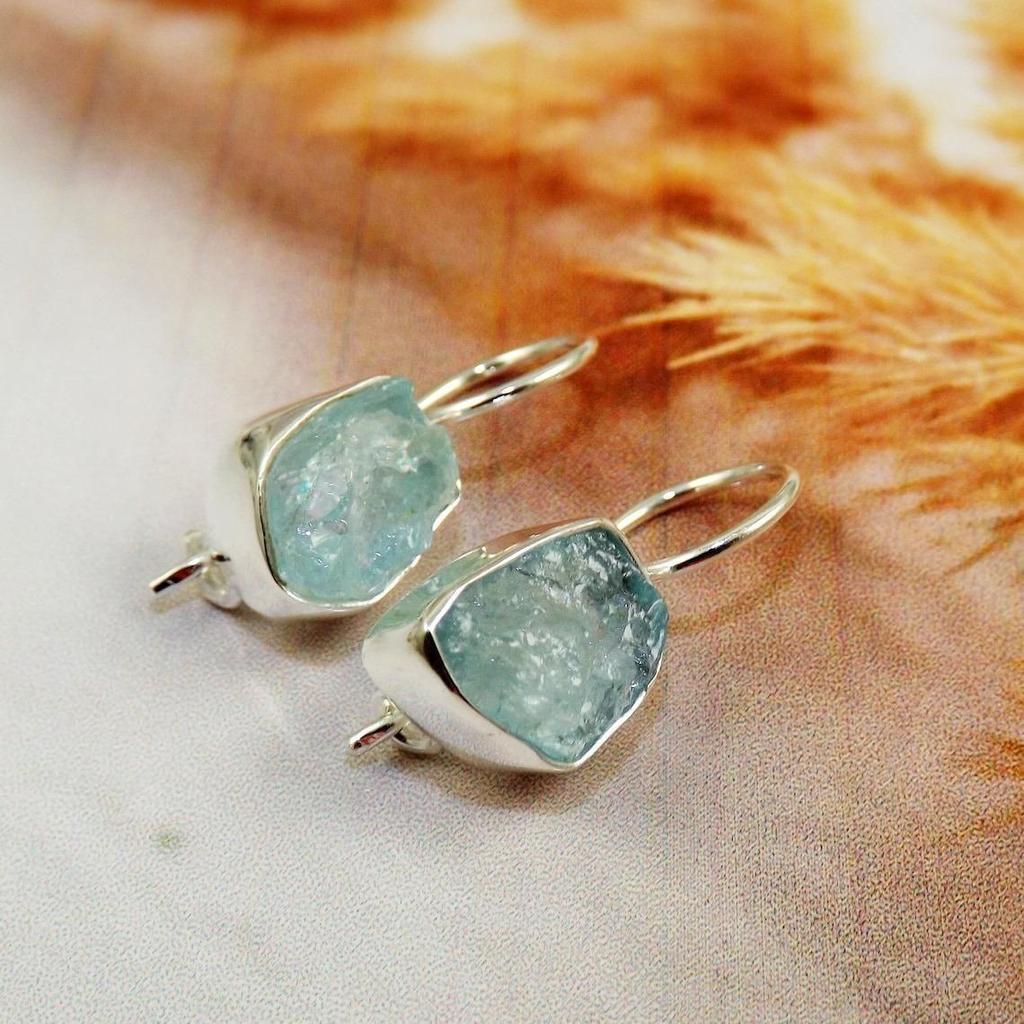 Серьги из необработанного аквамарина, Серьги из аквамарина, Серьги из серебра 925 пробы, Серьги из необработанного аквамарина, Серьги из необработанного камня, Украшения из аквамарина, Бесплатный подарок