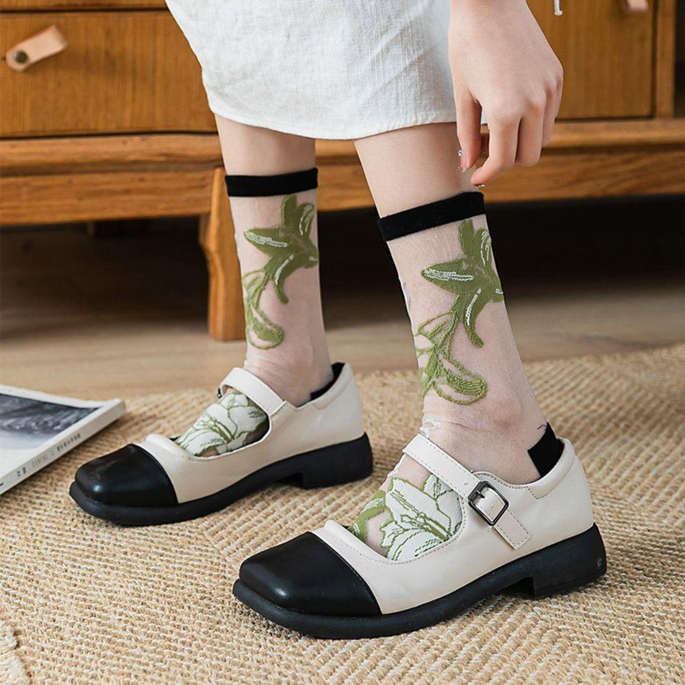 Ultra-thin Transparent Korean Summer Crystal Silk Socks Mesh Middle Tube Socks Women's Socks Floral Hosiery Flower Socks