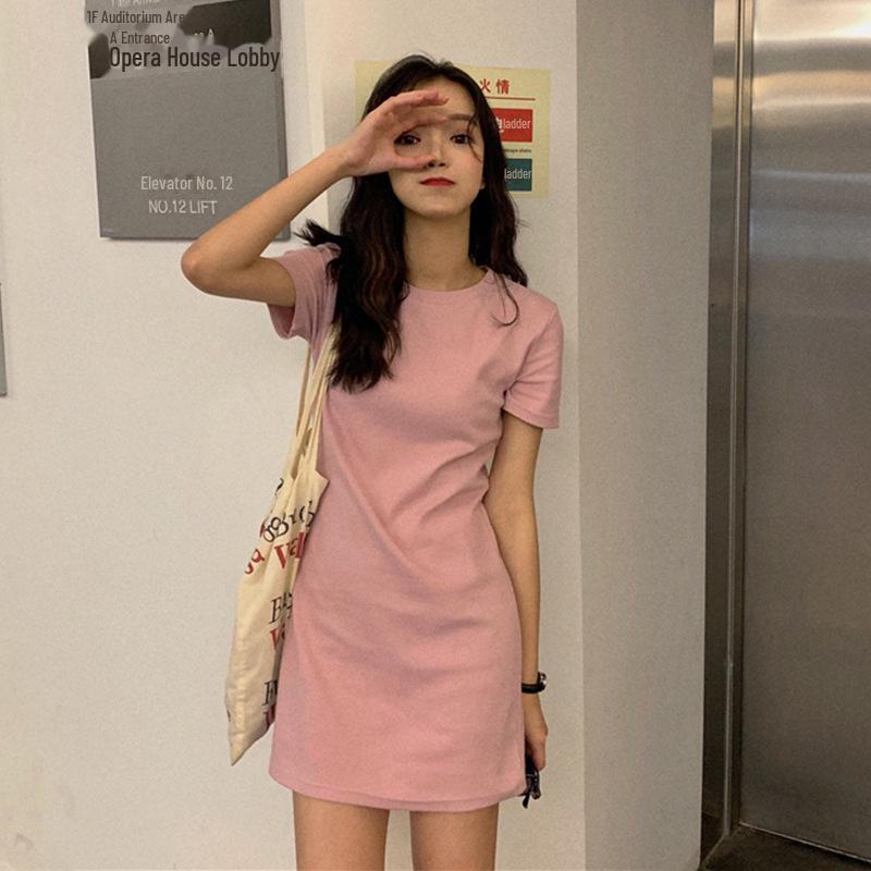 Корейский стиль однотонный тонкий студенческий футболка платье - 2025 летний повседневный средней длины с коротким рукавом