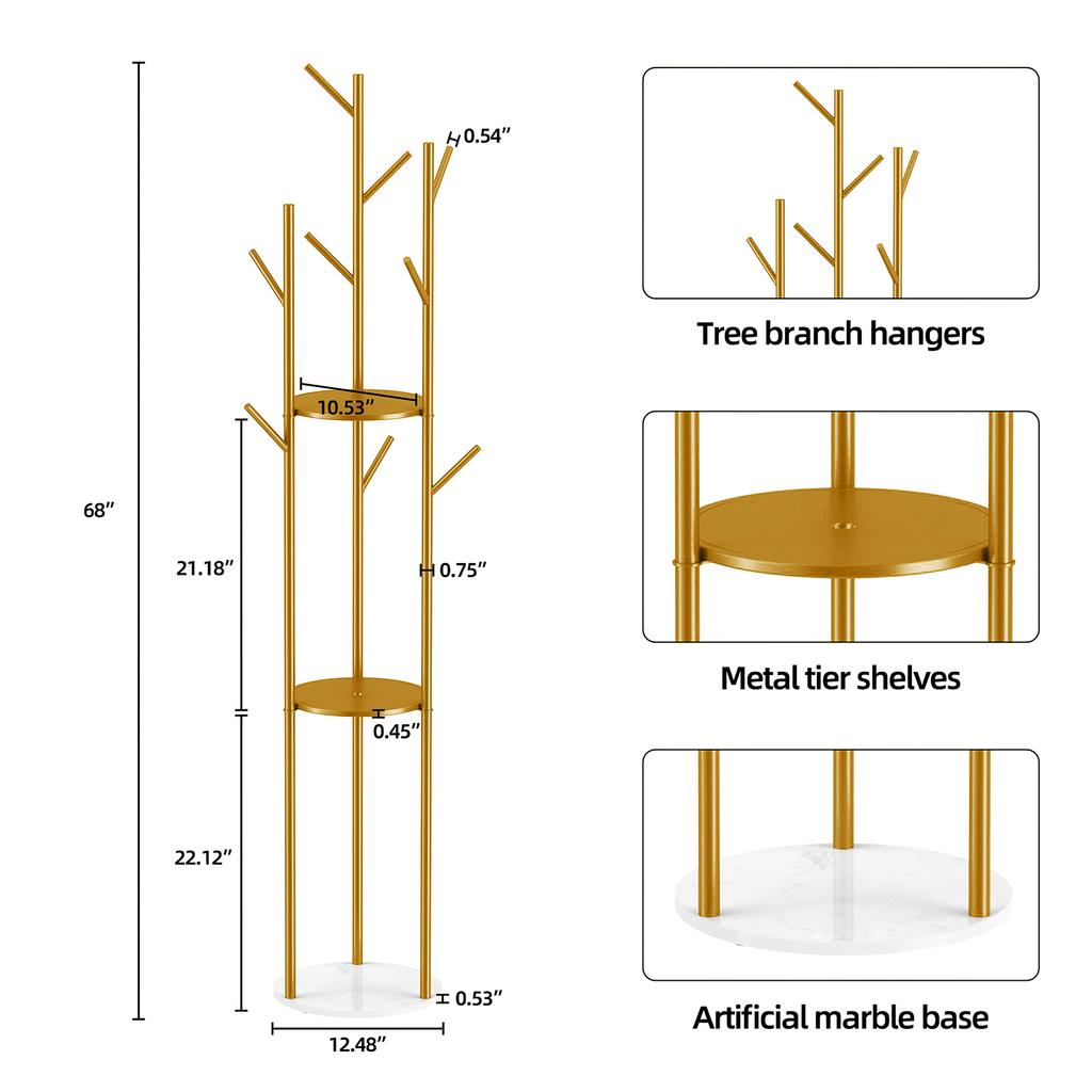Металлическая золотая напольная вешалка-стойка для одежды, вешалка-стойка, прихожая с мраморной полкой