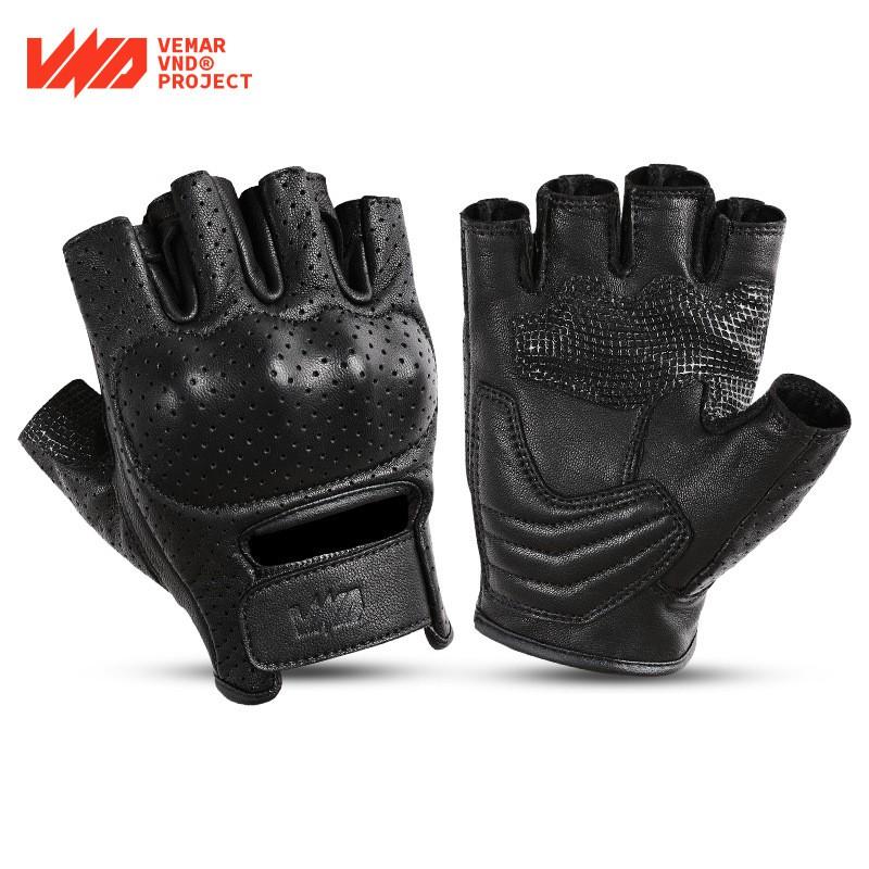 VND Motorcycle Half-Finger Gloves Men Women - Genuine Leather Perforated Breathable Impact Absorbing Retro Style