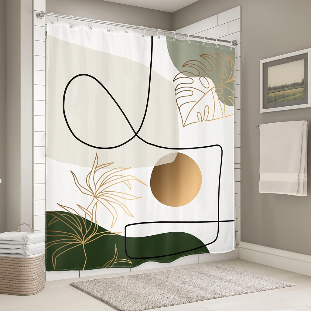 Mid-Century Green Abstract Shower Curtain - Simple Modern Aesthetic, Waterproof, Bathroom Decor