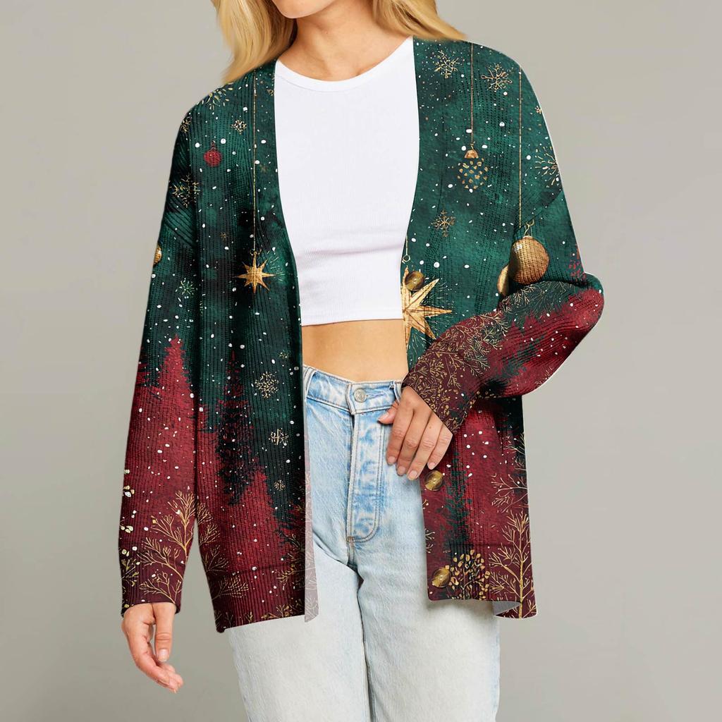 Женский модный кардиган с длинным рукавом, V-образным вырезом, на пуговицах, свободного кроя, с рождественским принтом
