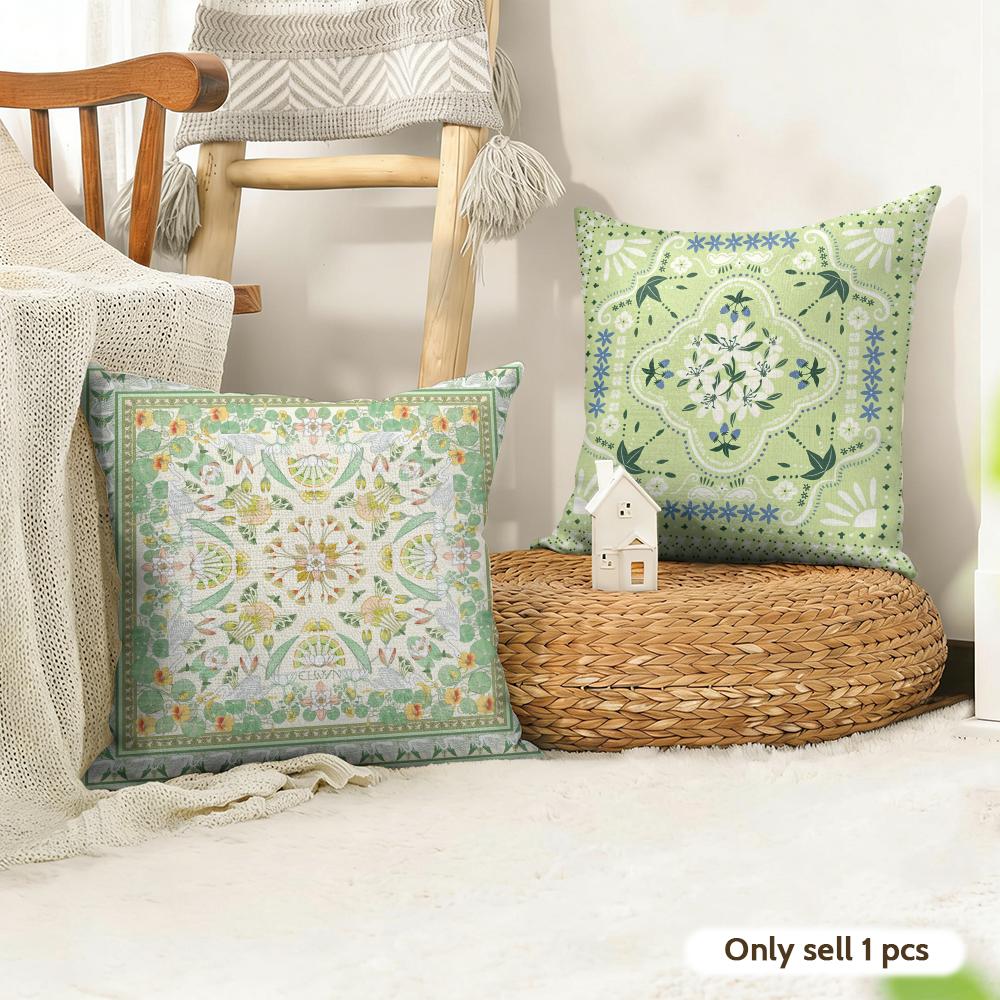 Green retro flowers Cushion Cover Natural Linen Organic Fabric DoubleSided Printing Couch Pillow Covers Home Decor