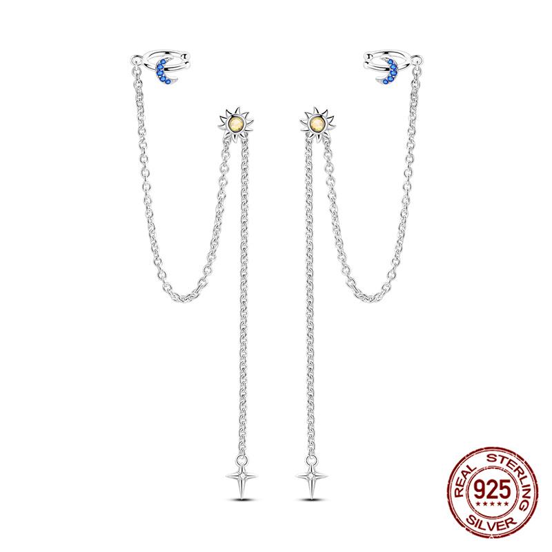 Original 100% 925 Silver Geometric Sun Moon And Stars Tassel Women's Earrings Party Anniversary Gift