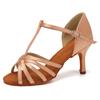 Women Latin Dance Shoe Satin Sandal Ladies Latin Dancing Shoes 8.5cm Heel High Heel Soft Sole T Bar Indoor