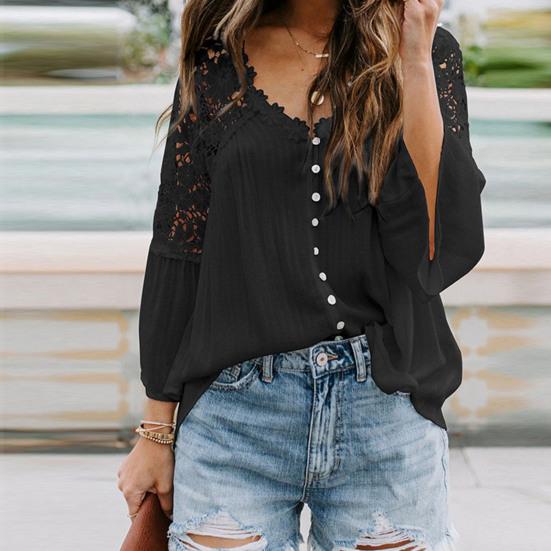 Женская блузка, сплошной цвет, кружевной пуловер, топ с расклешенными рукавами и V-образным вырезом