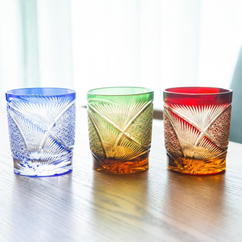 Handmade Japanese Style Edo Kiriko Whiskey Glass Tumbler Colored Hand Cut To Clear Glasses Color Tinted Old Fashioned Glasses