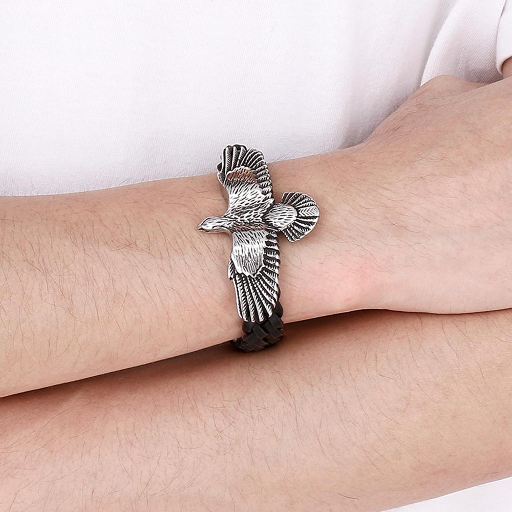 Мужской кожаный браслет в форме орла в стиле панк, однотонный мужской ювелирный аксессуар из нержавеющей стали с магнитной застежкой с гравировкой
