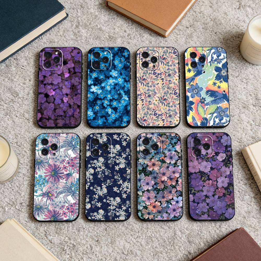 Цветочный арт Чехол для телефона Для iPhone 16,15,14,13,12,17,Pro Max,Plus Силиконовый Черный Чехол