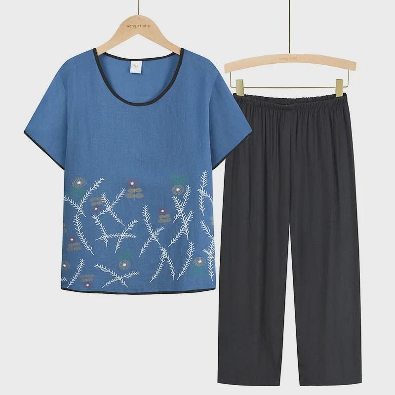 Летние двухкомпонентные топы из хлопка и льна для женщин 60-70 лет - Короткий рукав