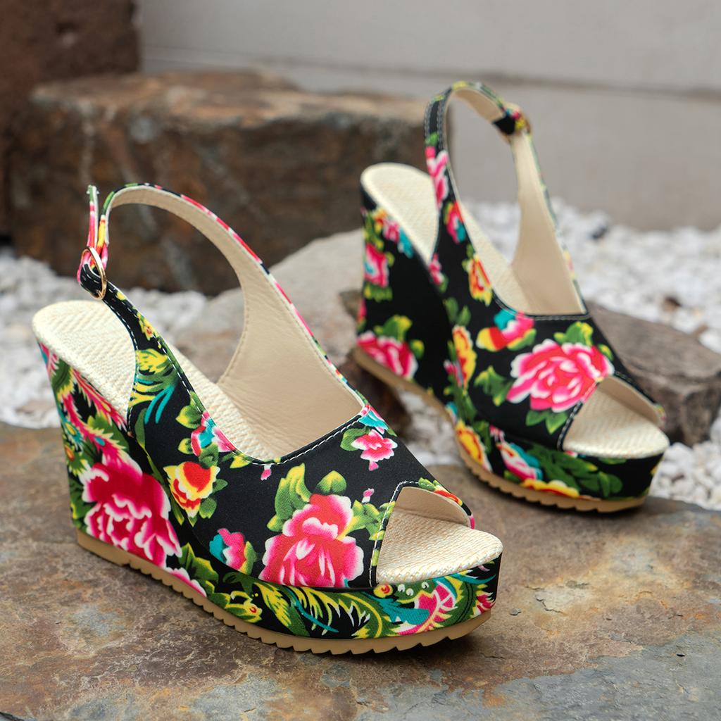 Fashion Summer Beach Boho Floral Wedge Sandals Women Ankle Platform Shoes Woman High Heels Sandalias Platform Heels Zapatos De Mujer