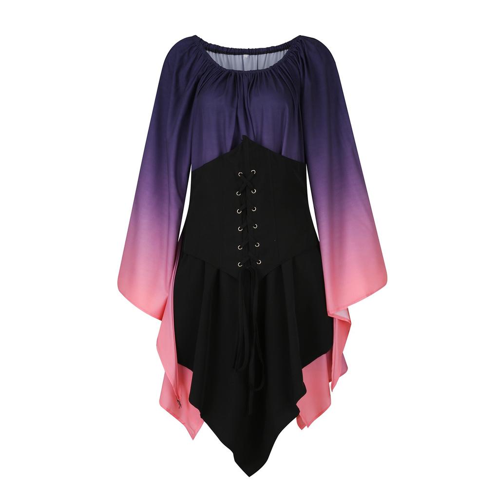 Women Fashion Long Sleeve Vintage Dress Cosplay Party Gradient Evening Night Formal Dress