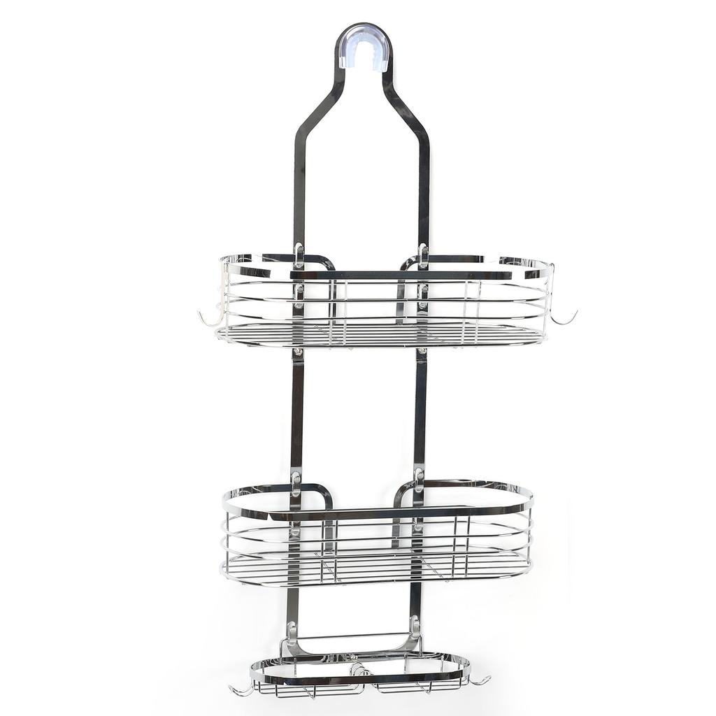 Shower Caddy Hanging Over Head Iron Bathroom Organizer Shelves with Soap Holder 2 Hooks for Towels Sponge Silver
