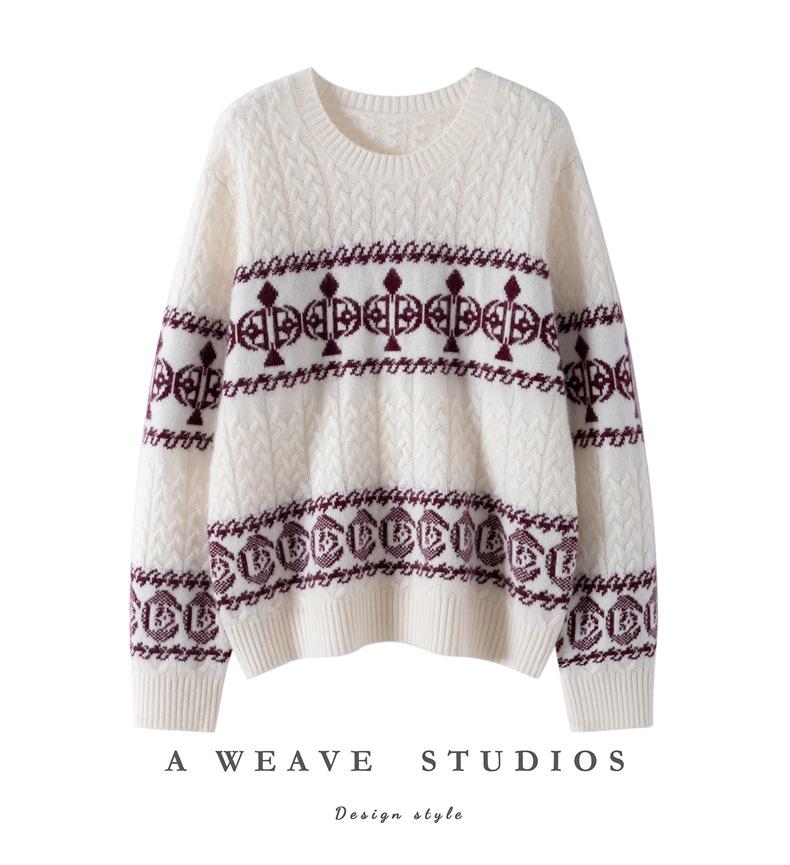 Thickened Round Neck Jacquard Cashmere Sweater: Women's Autumn Winter Loose Knit Pullover