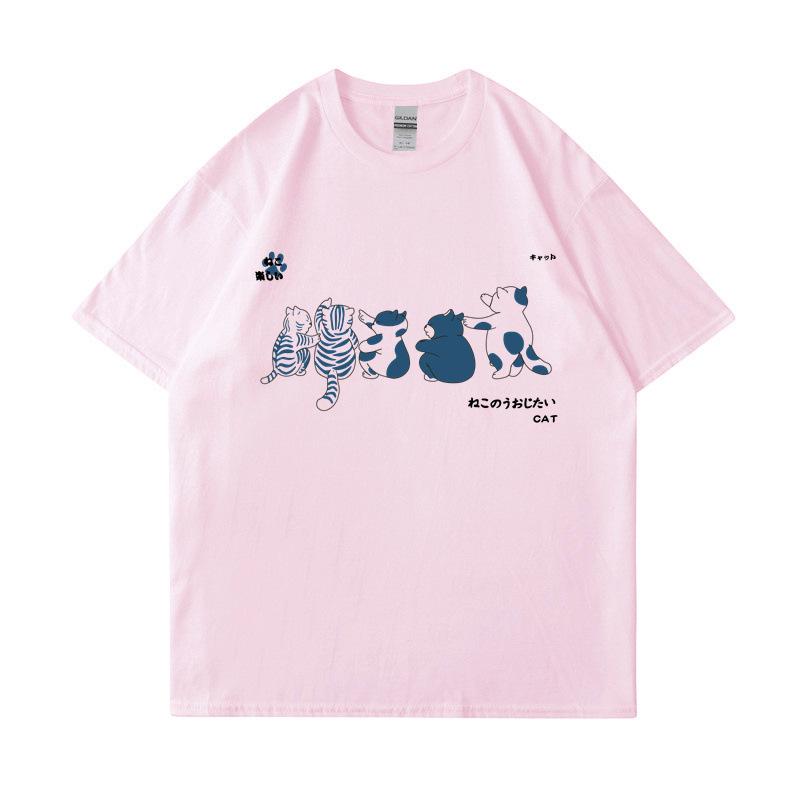 Рубашка с коротким рукавом, мужская, с рисунком кошки, летние, свободные и универсальные, студенческие футболки