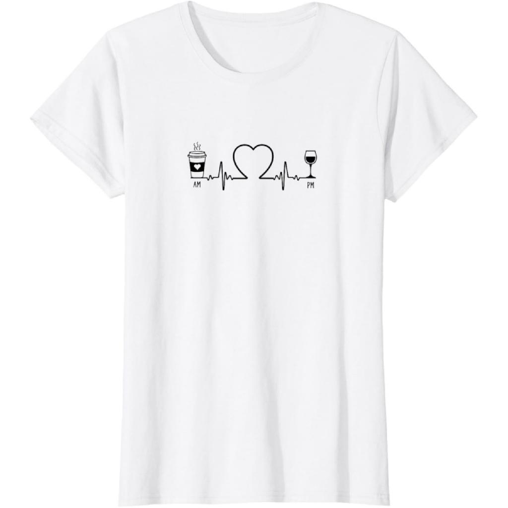 Womens Heartbeat Coffee AM Wine PM, Coffee Morning & Wine Evening T-Shirt