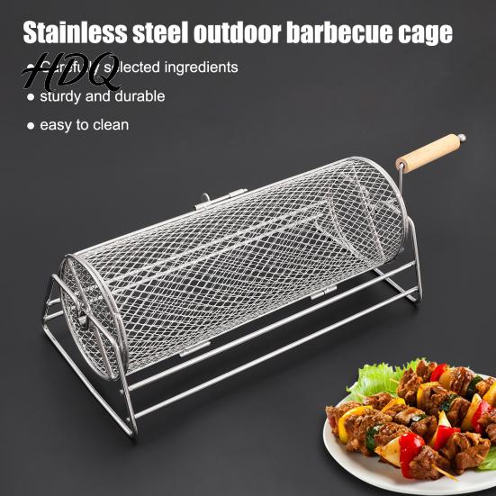 Перекатная корзина для гриля BBQ со съемной ручкой, клетка 360 градусов для вращения на 360 градусов, для пикника, вечеринки, кемпинга на открытом воздухе, сетка из нержавеющей стали