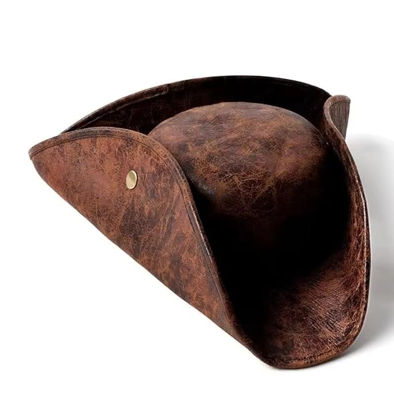 Faux Leather Pirate Hat Vintage Wrinkle Distressed Tricorn Pirate Hat For Women Men Halloween Costume Cosplay Accessories