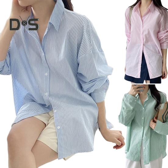 Sleeve Long Women Shirt Lapel Single Breasted Shirt Tops Striped Print Loose Fit Thin Work Shirt Streetwear