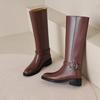 Krazing Pot Cow Skin Autumn Winter Shoes Riding Boots Round Toe Keep Warm Metal Square Buckle Med Heels Thigh High Boots