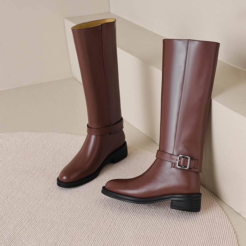 Krazing Pot Cow Skin Autumn Winter Shoes Riding Boots Round Toe Keep Warm Metal Square Buckle Med Heels Thigh High Boots