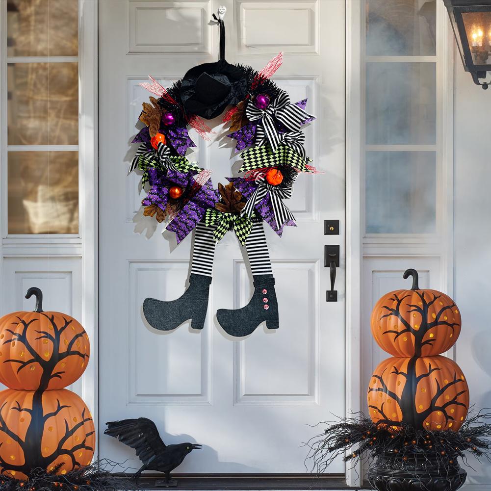 Halloween Black Wreath with Hat Witches Legs Pumpkin Long Legged Wicked Witch Wreath Front Door Garlands for Party Decor