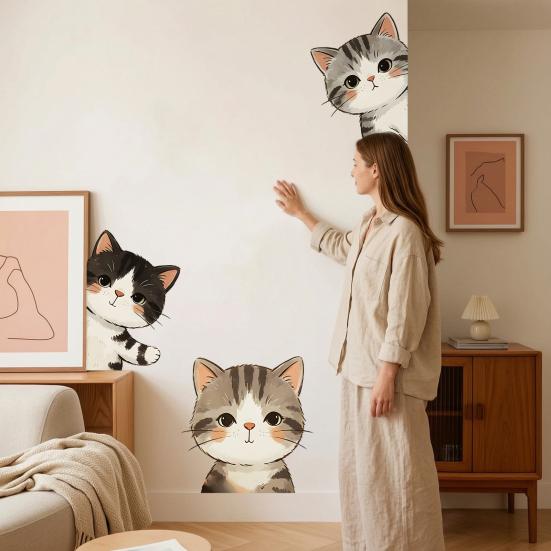 3 Pcs Peeking Cat Peeking Out Wall Sticker Cartoon Cats Decal Removable Peel