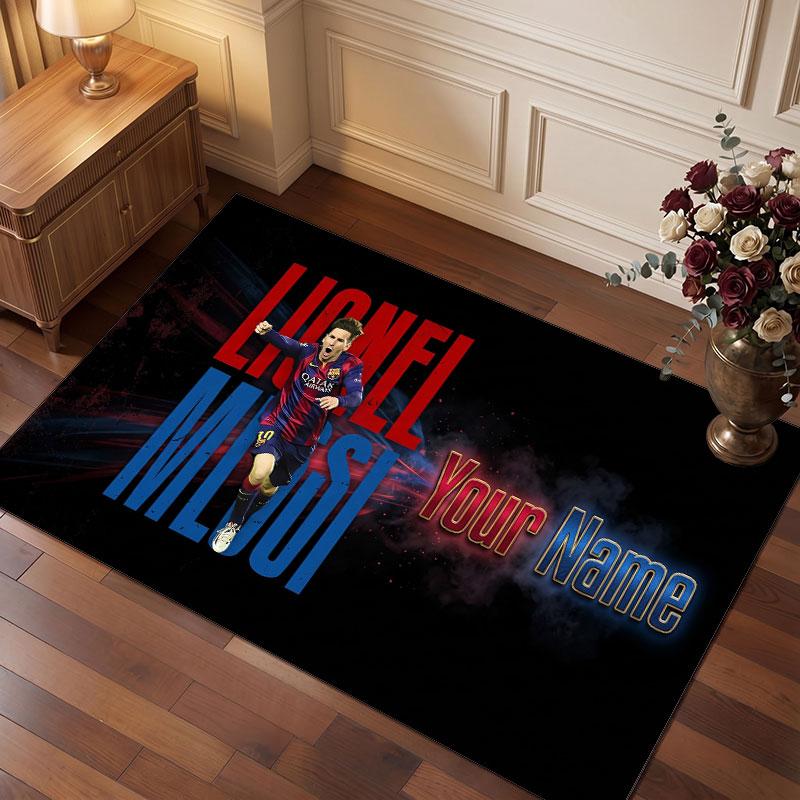 Lionel Messi Custom Crystal Velvet Rug, Personalized Name Text Print, Football Logo Soft Non‑Slip Floor Mat Home Decor Gift