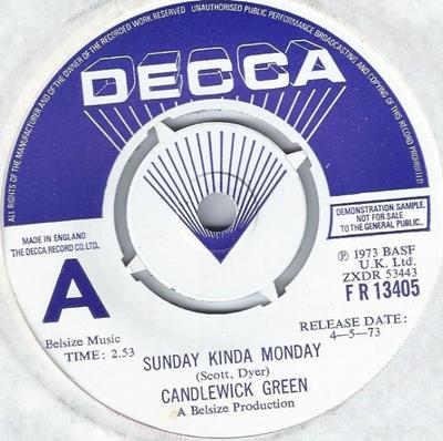 7-дюймовая пластинка CANDLEWICK GREEN - Sunday Kinda Monday / I Found My Wa FR13405 Decca 1973 UK Поп Б/у