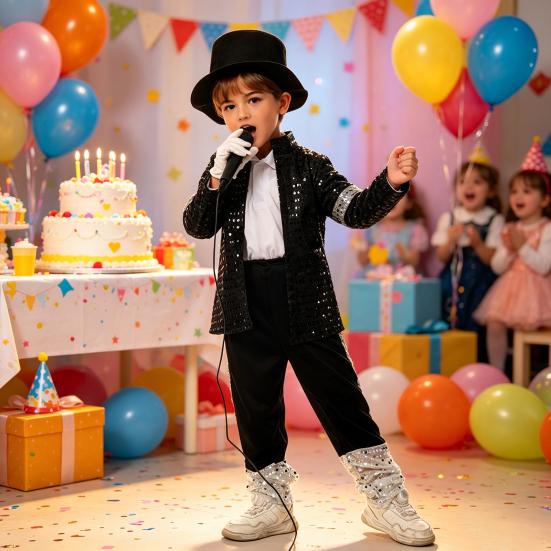 Yousheng Musician Halloween Costume Set for Kids, Black Sequin Jacket, Trousers, Hat, Gloves, 80s 90s Retro Stage Outfits for Disco Party, Fancy Dress