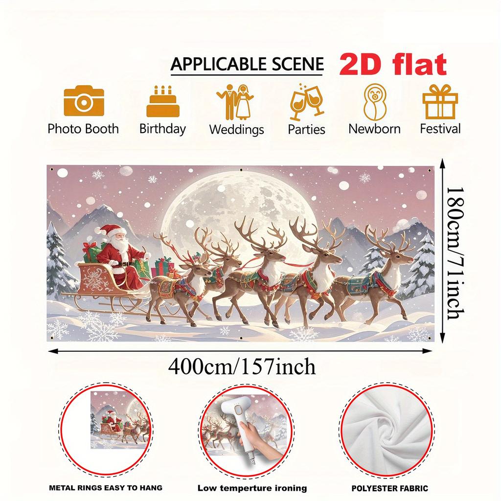 1 oversized Christmas party banner - Santa Claus, reindeer sled, and snow scenery decoration, suitable for Christmas Eve