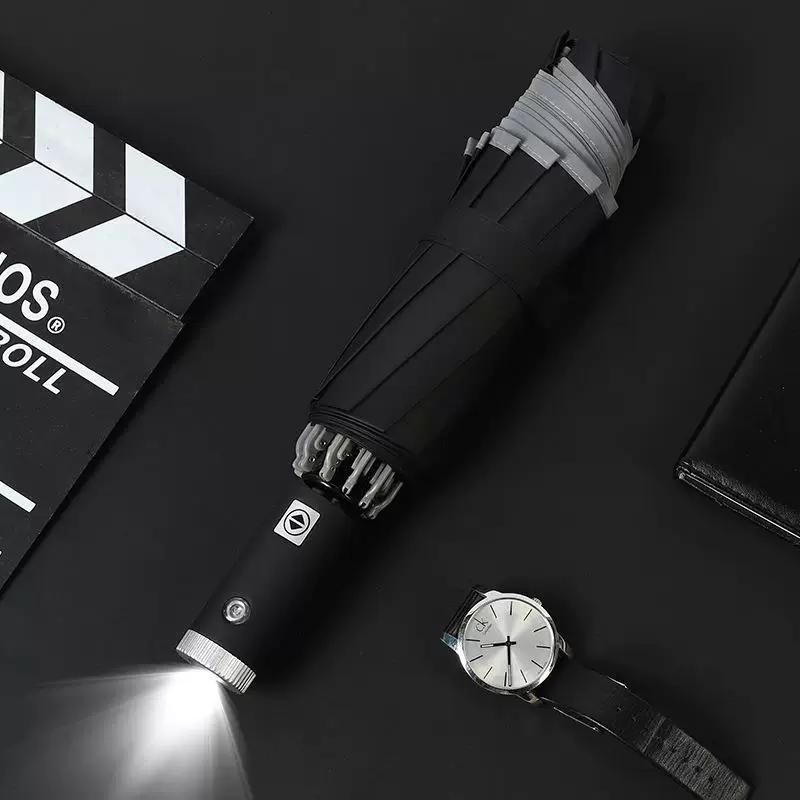 Flashlight Reverse Umbrella, Fully Automatic Umbrella, Reflective Business Umbrella, Black Rubber Anti-Sun Umbrella, Sunshade Umbrella